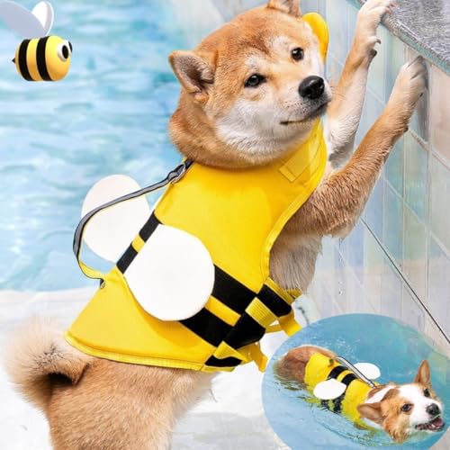 Little Bean® Hundeschwimmwesten, verstellbare Haustier-Schwimm-Sicherheitsweste mit überlegenem Auftrieb und Rettungsgriff für Hunde, Bootfahren, mit reflektierenden Streifen (Bienen gelb, XS)