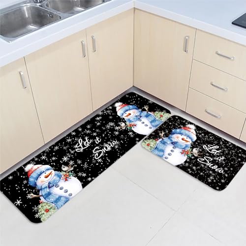 Gsypo Christmas Kitchen Rugs Set of 2, Snowman Snowflake Black Kitchen Mats for Floor Merry Christmas Standing Floor Mat, Low-Profile Runner Rug for Xmas Winter Holiday Decorations, 16