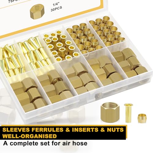Image of Siptenk 180PCS 1 /4 inch Brass Compression Sleeves Ferrules & Inserts & Nuts