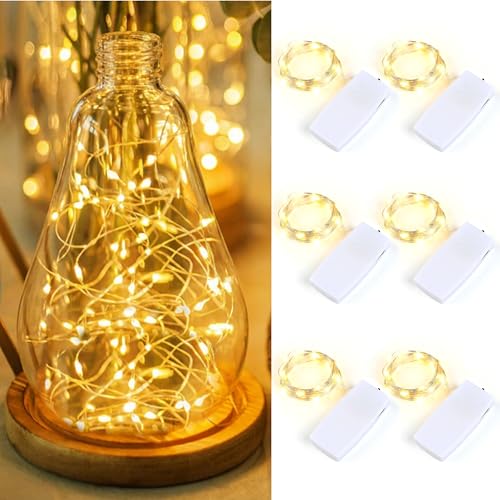 Carehabi Guirlande Lumineuse LED Intérieur Rechargeable (Lot de 6), Boîtier Amovible USB-C, 2m 20 LED Fil Cuivre Étanche IP65 pour Vase, Sapin, Décoration Table, Blanc Chaud
