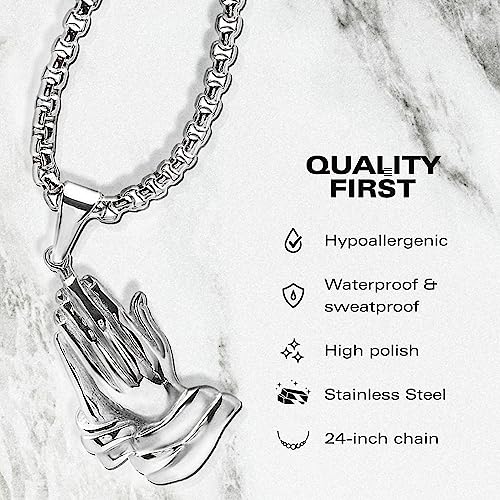 Steeltime Stainless Steel Praying Hands Pendant with 24" Inch Box Chain Necklace | Serenity prayer necklace | Religious Necklace for Men & Women | Silver4