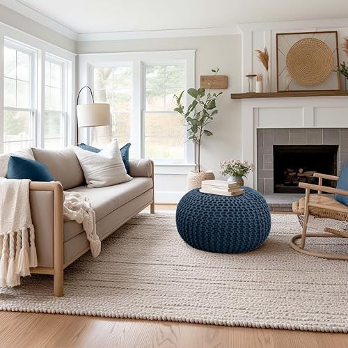 COTTON-CRAFT-Hand-Knitted-Cable-Style-Dori-Pouf-Blue-Floor-Ottoman-Cotton-Braid-Cord-Handmade-Hand-Stitched-Truly-one-of-a-Kind-Seating-20-Dia-x-14-High COTTON CRAFT Hand Knitted Cable Style Dori Pouf Blue Floor Ottoman Cotton Braid Cord Handmade Hand Stitched Truly one of a Kind Seating 20 Dia x 14 High