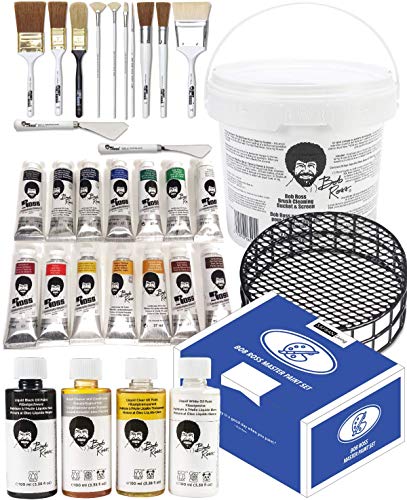 Bobross Painting Supplies 33 Piece Complete Master Paint Set - Joy Of Painting Kit W/ 10 Brush, 2 Knife, 14 Landscape Oil Colors, Base Coat 4-Pack, Cleaning Bucket, Screen, Gift Box #TOP22