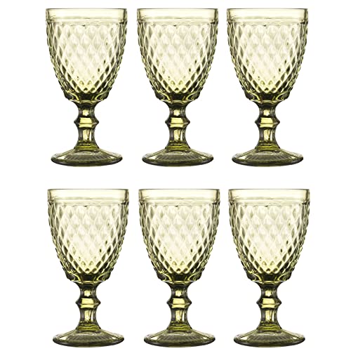 Vintage Wine Glasses Set Of 6, 10 Ounce Colored Glass Water Goblets, Unique Embossed Pattern High Clear Stemmed Glassware Wedding Party Bar Drinking Cups Diamond Green #TOP5
