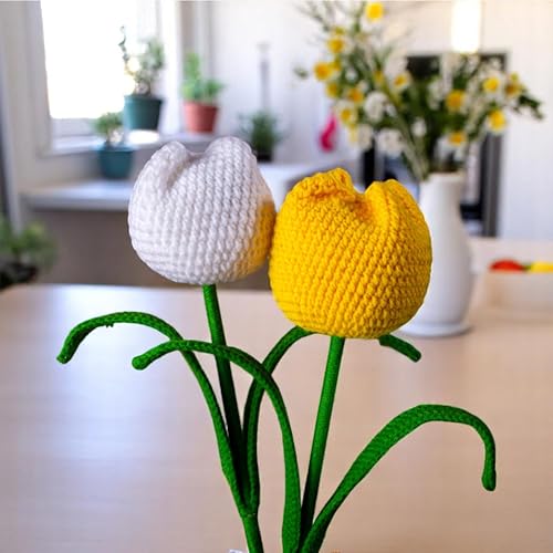 Image of Tulip Crochet Flowers | Handcrafted Artificial Faux Woolen Flower with Long Stem | Natural Looking Knitted Flower for Home, Living Room, Vase & Bouquet Decoration & Gifting | White & Yellow