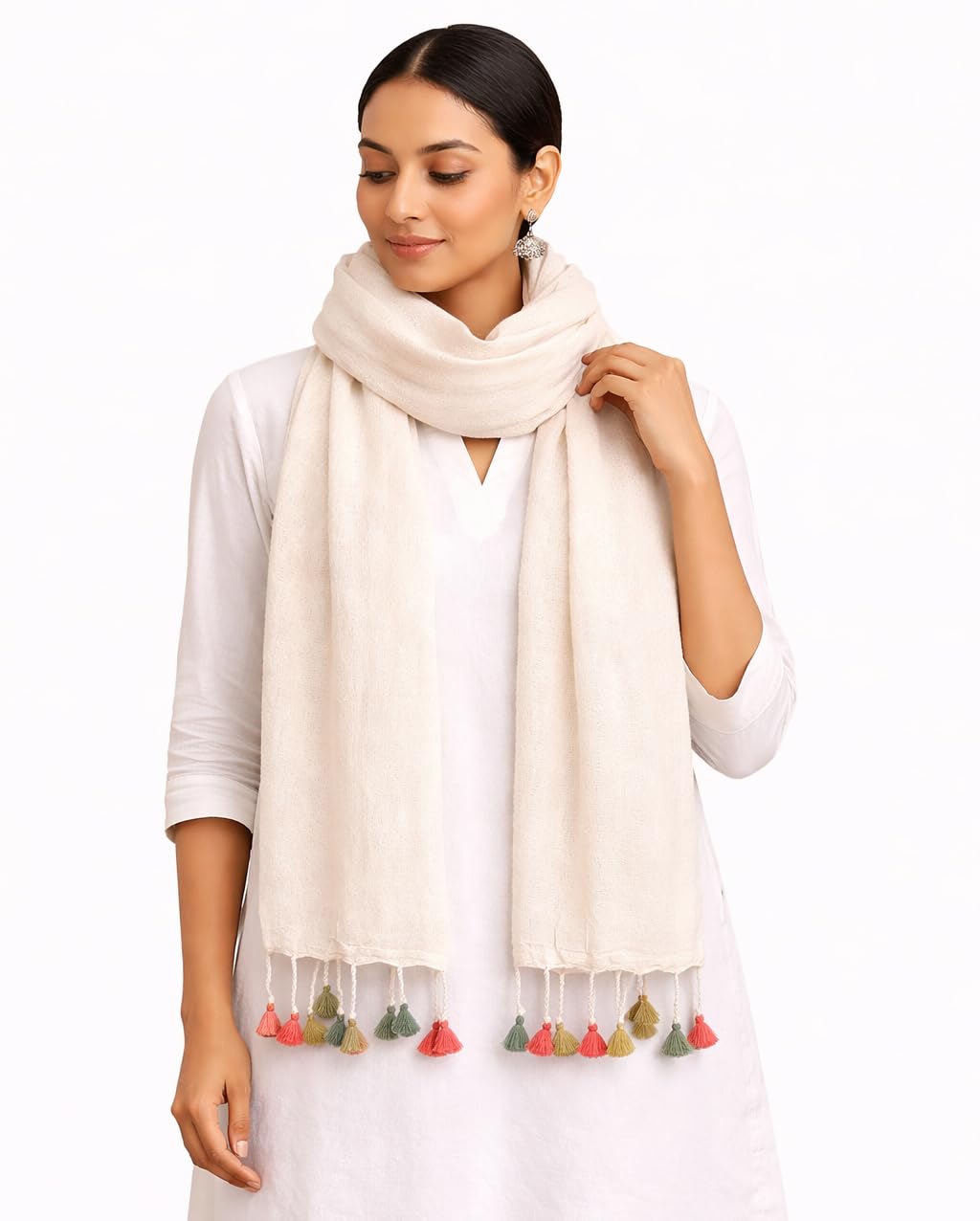 aesthetics label Handloom Cotton Khadi Stole with Multicolor Tassels for Girls Women (Off White, Yellow, Pink, Green)-picture-51