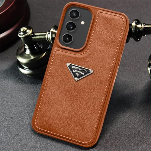 Image of Vaku Luxos Nyxen Back Cover Case for Samsung Galaxy S23 FE Premium Leather Stitched Soft Shockproof Protective TPU Phone Case Camera Screen Protector- Brown