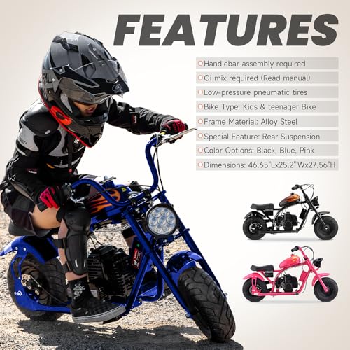HOVER HEART Gas Mini Chopper Bike, DB004 Model 49.4 CC 2-Stroke Kids Dirt Bike with Big Headlight, Premium Tire, Metal Frame, Disc Brakes, Max Load 165Lbs, Up to 20Mph, EPA Approved (Blue) - Thumbnail 6