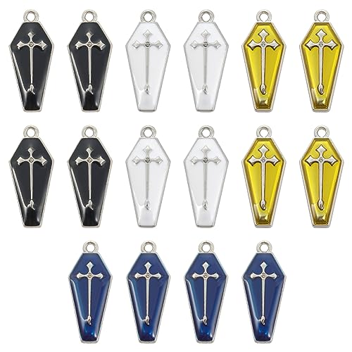 SUNNYCLUE 1 Box 40Pcs 4 Colors Gothic Charm Coffin Charms Bulk Dangle White Gold Back Halloween Theme Holiday Coffins Cross Charm for jewellery Making Charms Findings DIY Necklace Earring Adults Craft