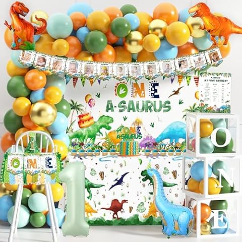 One a Saurus Birthday Decorations 105Pcs Dinosaur 1st Birthday Party Supplies for Boy Dinosaur Balloon Garland Balloon Box Backdrop Monthly Photo Highchair Banner Tablecloth Cake Topper Hat Poster Cover