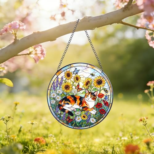 Stained Glass Window Hanging, Cat Sunflower Butterfly Sun Catcher for Garden Door Home Decor,Suncatcher Decor Mother's Day Birthday Gifts for for Women Wife Mom and Loves 7.8 in — view 4