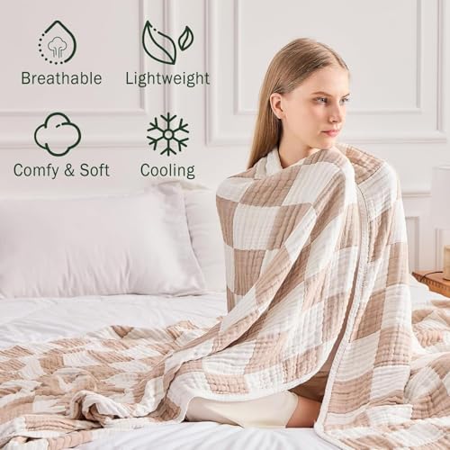 Image of EMME Cooling Muslin Twin Blanket - Checkered Lightweight Summer Cotton Blankets of Rayon Derived from Bamboo for Hot Sleepers, Ultra Soft Breathable All Season Gauze