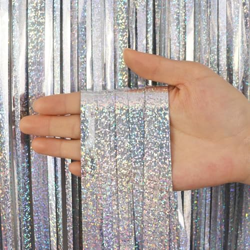 Image of 2 Pack Fringe Curtains Backdrops, Foil Fringe Curtains, Door Streamers for Birthday Wedding Bridal Shower Holiday Graduation Party Decorations, Photo Booth Backdrops, Glitter Silver