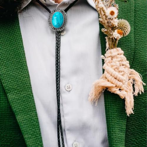 Image of AZORA Western Cowboy Bolo Tie Men Leather Necktie Leather Cord Turquoise Stone Bolo Ties for Men Women