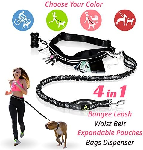 PREMIUM Hands Free Dog Leash | Bungee Dog Leash for Walking & Running with Small, Medium or Large Dogs | Reflective Waist Belt for Phone, Keys and Cards |BONUS Collar Bag Dispenser |Great GIFT (BLACK)