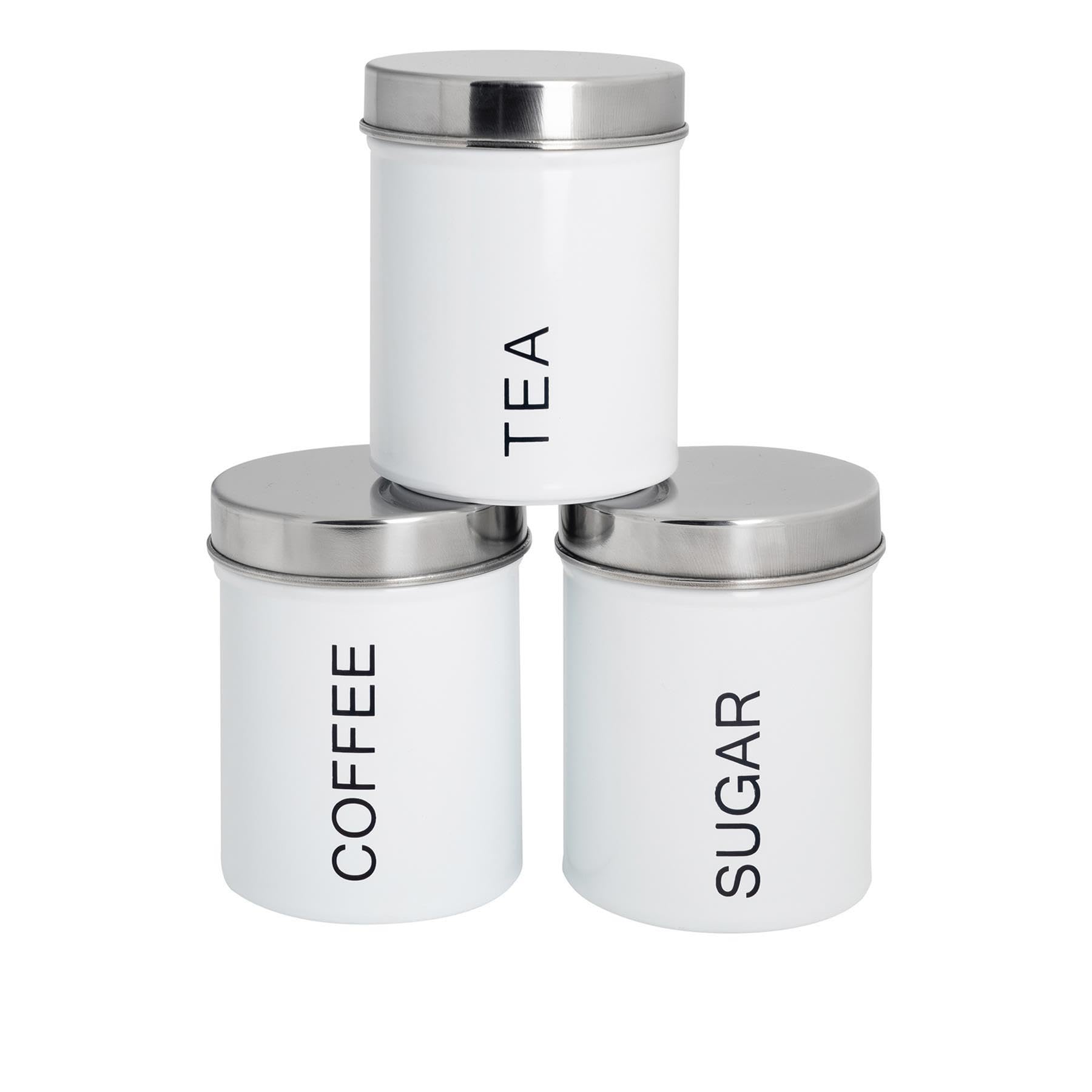 Harbour Housewares White Metal Tea Coffee Sugar Canister Set - 3Pc Round Retro Food Storage Preservation Canister Caddy Container Tin With Airtight Fit Lid For Kitchen Organisation & Home Décor