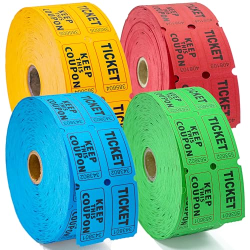 Homrelaxy 4800 Double Raffle Tickets, 1200 Tickets Per Roll, Assorted 50/50 Raffle Tickets Roll for Events, Entry, Carnivals, and Door Prizes (Blue/Red/Green/Yellow)