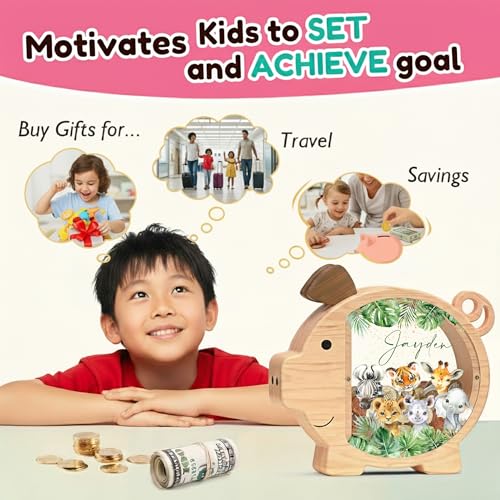 Image of Personalized Piggy Bank, Wooden Money Banks for Kids, Custom Gifts for Boys and Girls, Personalized Piggy Bank for Girls (DK08 Safari)