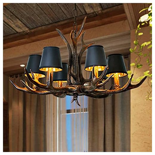 Hänglampa horn ljuskrona vintage harts trä hängande lampor vardagsrum lampa retro lantlig hängande lampa antik E14 svart lampskärm justerbar vind taklampa 6 lågor ljuskrona