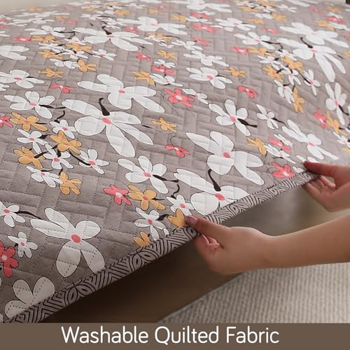 Image of HOKIPO 'HomeHues Series' Printed Quilted Sofa Seat Mat for 2 Seater Sofa with 2 Armrest Covers with Pockets, Pastel Brown Sandwort Flower (IN-807-D1 + IN-814-D1*2)