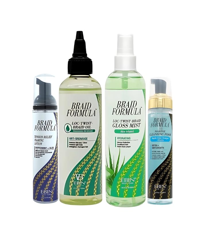 EBIN NEW YORK BRAID FORMULA LOC. TWIST. BRAID OIL 120mL –Anti-Breakage, GLOSS MIST – Hydrating 250mL Bundle with No-Rinse Cleansing Foam 250mL and Peppermint Foaming Lotion Gift Set (4 Items)