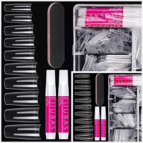 Ejiubas Nail Tips Fake Nails Kit 500PCS Clear Nail Tips 500PCS Ballerina Cofffin Nails 8PCS Nail Glues 2PC Nail File With Case for Nail Salons and DIY Nail Art, 10 Sizes