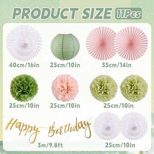 Image of EASY JOY Sage Green and Pink Party Decorations Green Birthday Decorations Sage Tissue Pom Poms Paper Lanterns White Paper Fans (11pcs) for Women Girls Birthday Wedding Bridal Shower Baby Shower