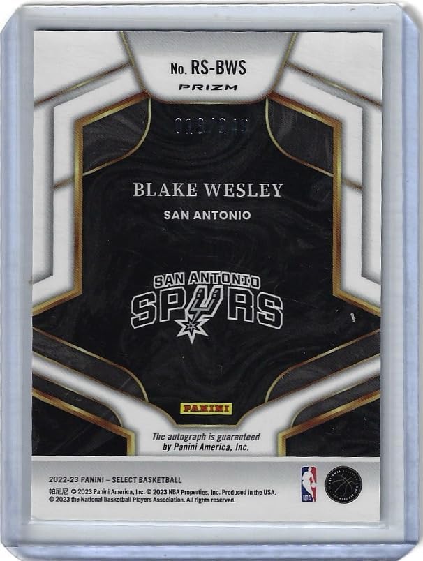 Blake Wesely Autographed & Serial Numbered #019/249 Rookie Signatures Prizm Collectible Basketball Card - 2022 Panini Select Basketball Card #RS-BWS (Spurs)