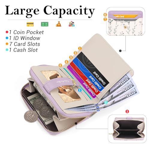 Image of BIAOTIE Wallet for Women Cute Floral Flower Wallet RFID Credit Card Holder Purse Small Bifold Zipper Coin Pocket Purse with ID Windows (Lavender Fl)