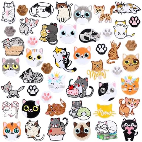 Wavyknot 48 Pcs Cat Iron on Patches Cat Patch Iron on Patches for Clothing Cartoon Animal Patch Cute Embroidered Applique Patches for Ripped Jeans Hats Jackets Sweater Clothes Backpack Cover