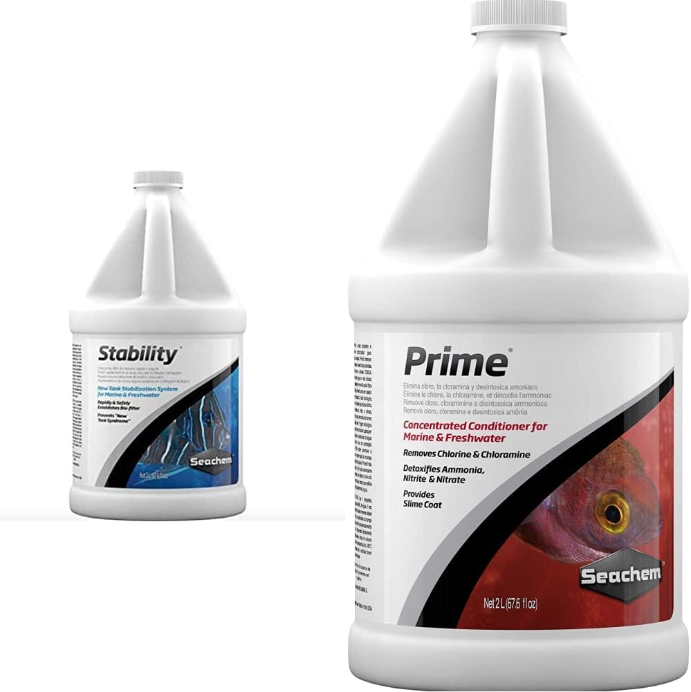 Seachem Stability Fish Tank Stabilizer - for Freshwater and Marine Aquariums 2L / 67.6 oz & Prime Fresh and Saltwater Conditioner - Chemical Remover and Detoxifier 2 L