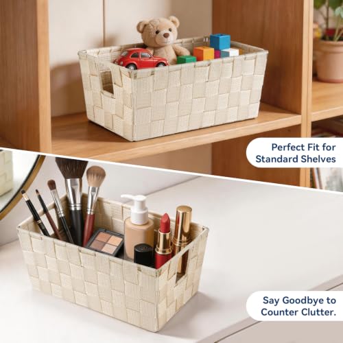 Image of Whitmor Small Woven Storage Baskets for Shelves - Decorative Bathroom Organizer Bins with Metal Structure, Versatile Shelf Storage Solution for Home Organization & Closet (Latte)
