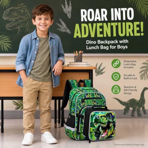 Image of 3Pcs Dinosaur Backpack for Boys, 16 inch Kids Bookbag for Elementary Preschool Kindergarten, School Backpacks with Lunch Box (Green)