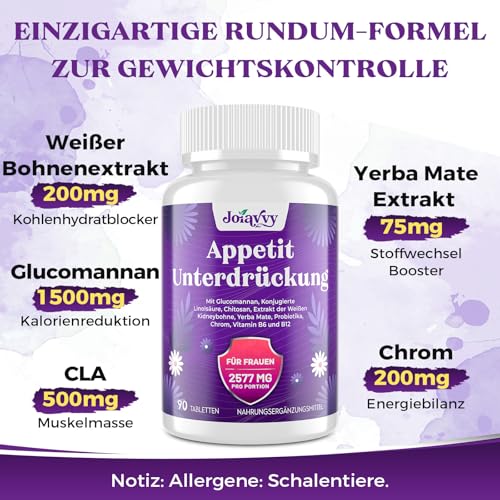 Appetitzügler für Frauen 2577mg, Hochdosiert Glucomannan aus der Konjak Wurzel, Schnell Stark Fettverbrenner, Optimiert mit Chrom, Grüntee Extrakt, Vitamin B12, Natürliche, Keto (90 Tabletten)