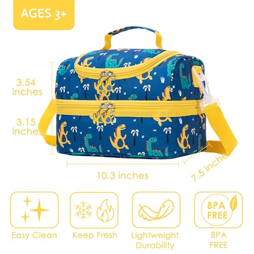Image of Insulated Kids Dual Compartment Lunch Bags Tote for Boys Toddler Kindergarten School Double Decker Cooler Boxes with Shoulder Strap Yellow Dinos