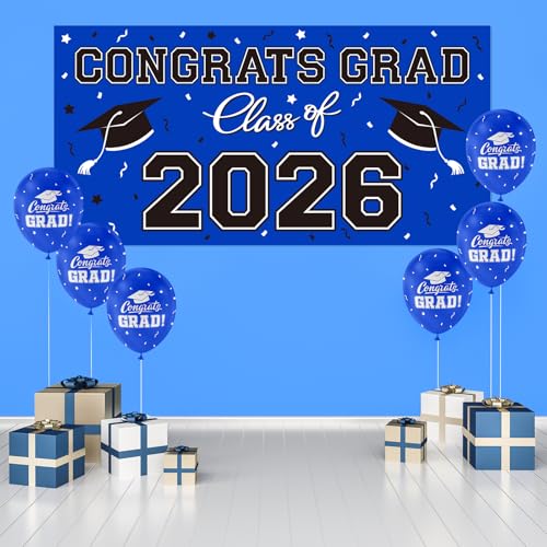 Image of Graduation Party Decorations 2026 Plastic Backdrop - 65 inch x 32.7 inch Congrats Grad Banner in Blue, Large Class of 2026 Decorations, Photography & Grad Party Supplies