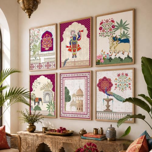 Image of kotart Traditional Indian Wall Art Madhubani Paintings for Living Room|Pichwai Art Painting for Wall Decoration|Framed Wall Painting for Home Room Bedroom Office Wall Decor|set of 6 (A, 10x13 inch)