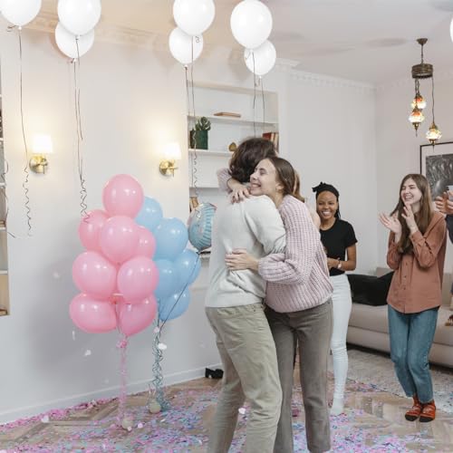 Image of Pink and Blue Balloons 100 Pack 12 inch Pastel Pink Blue White Latex Party Balloons with 65ft Ribbon for Gender Reveal Baby Shower Birthday Bridal Shower Wedding Party Decorations Supplies