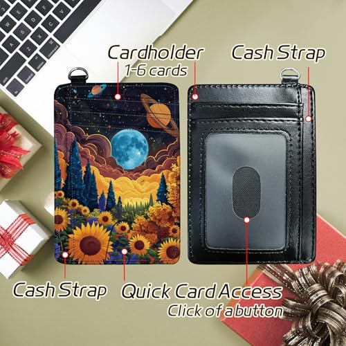 Image of Small Travel Wallets, Starry Sunflowers Cosmic Planet Slim Minimalist Front Pocket Wallet with Wristlet, RFID Blocking PU Leather Credit Card Holder with ID Window Change Purse for Men Women