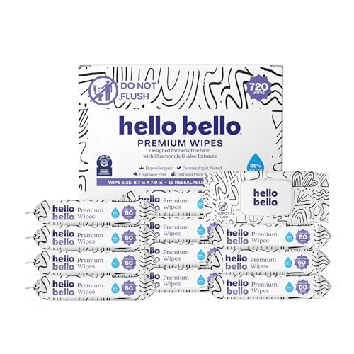 Hello Bello Premium Wipes, Designed for Sensitive Skin with Chamomile & Aloe Extracts, Playful Sketches (12 Resealable Packets = 720 Total Wipes)