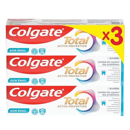 COLGATE - Total Active Prévention Soin Émail Dentifrice 24h - Protège l'émail et aide à prévenir les problèmes bucco-dentaires - 3x75ml