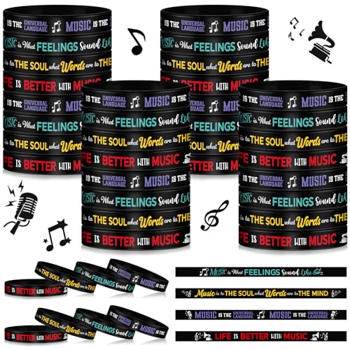 Landical 200 Pcs Music Silicone Bracelets Bulk Rubber Wristband with Inspirational Quote and Piano Notes Music Gifts Musical Event Party Favors for Teachers Adults Musician, 4 Styles