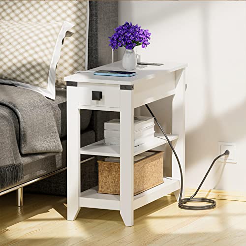 Hoseoka Narrow End Table With Charging Station Farmhouse End Table With Usb Ports And Outlets For Small Space, Sofa Side Table With Storage Drawer, White #TOP2