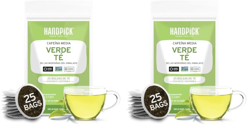 HANDPICK, Té Verde Bolsitas - 25 Unidades, Hojas de Té Verde 100% Puro Procedente del Himalaya, India, Bolsitas de Té Verde Eco-Friendly, Preparar Caliente o Frío (Paquete de 2)