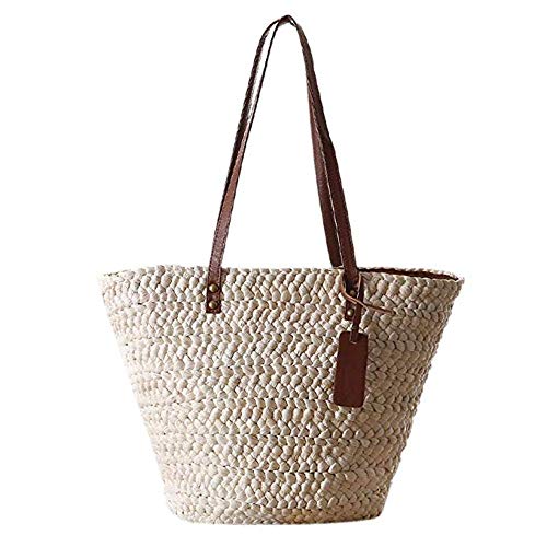 KIOPS Straw Handbag, Size A4 Natural Shopping Bag with Large Capacity, Large Capacity for Laptops, Multi-Compartment for Daily Office Shopping, Holidays (White Brown)