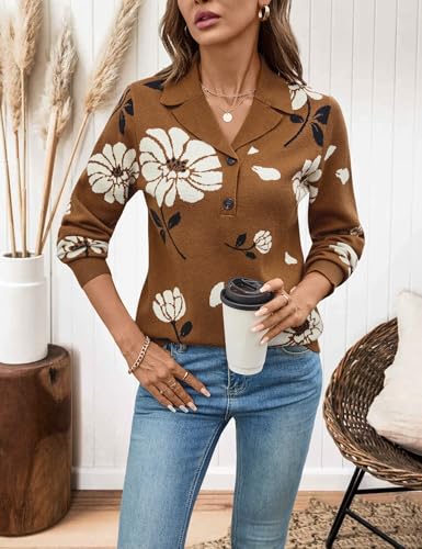 Image of LOMON Sweaters for Women 2025 Fall Knitted V-Neck Collared Button Pullover Dressy Casual Long Sleeve Polo Shirts Business