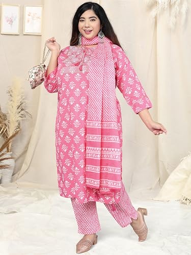 Image of MIRCHI FASHION Plus Size Pure Cotton Kurta Set for Women | 3 Piece Printed Straight Fit 4XL 5XL Kurta Pant Set with Dupatta | Ethnic Work Wear Set | 3XL 4XL 5XL Salwar Suit