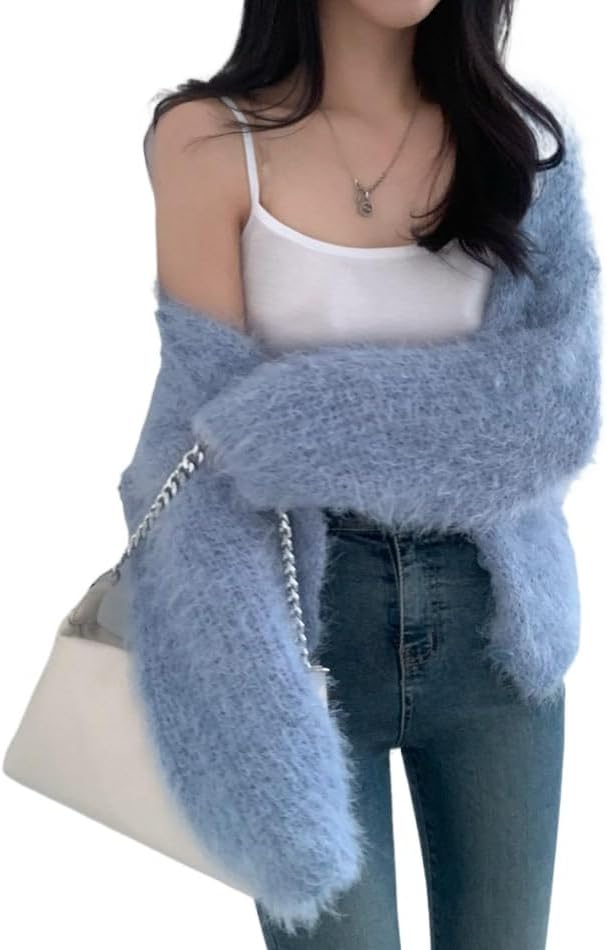 Mohair Cardigan for Women - Fuzzy Open Front Oversized Faux Fur Coquette Sweater