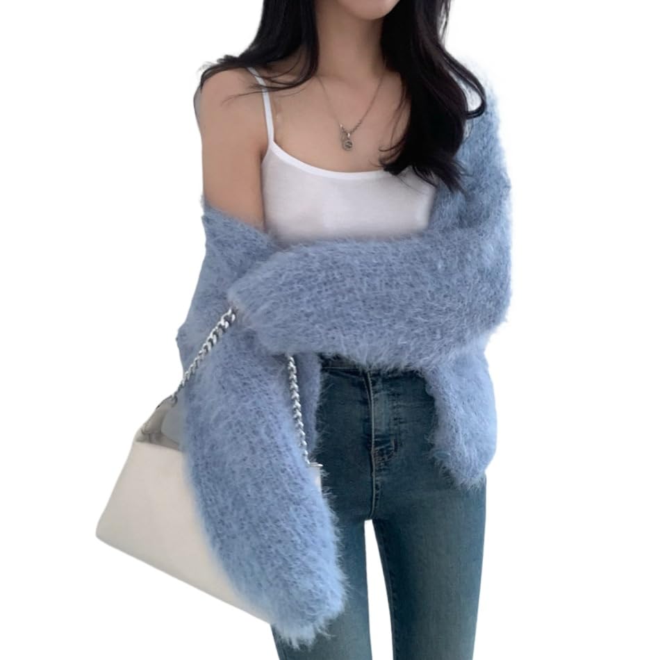 JOLILUNA Mohair Cardigan for Women Fuzzy Open Front Cardigan Oversized Faux Fur Cardigan Coquette Sweaters (Blue)