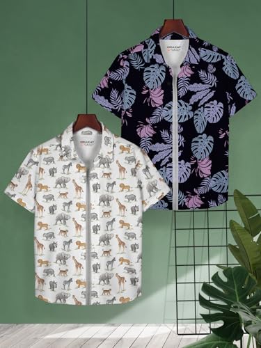 Image of HELLCAT White, Dark Blue Trendy Regular Fit Printed Causal Shirt for Boys - Pack of 2
